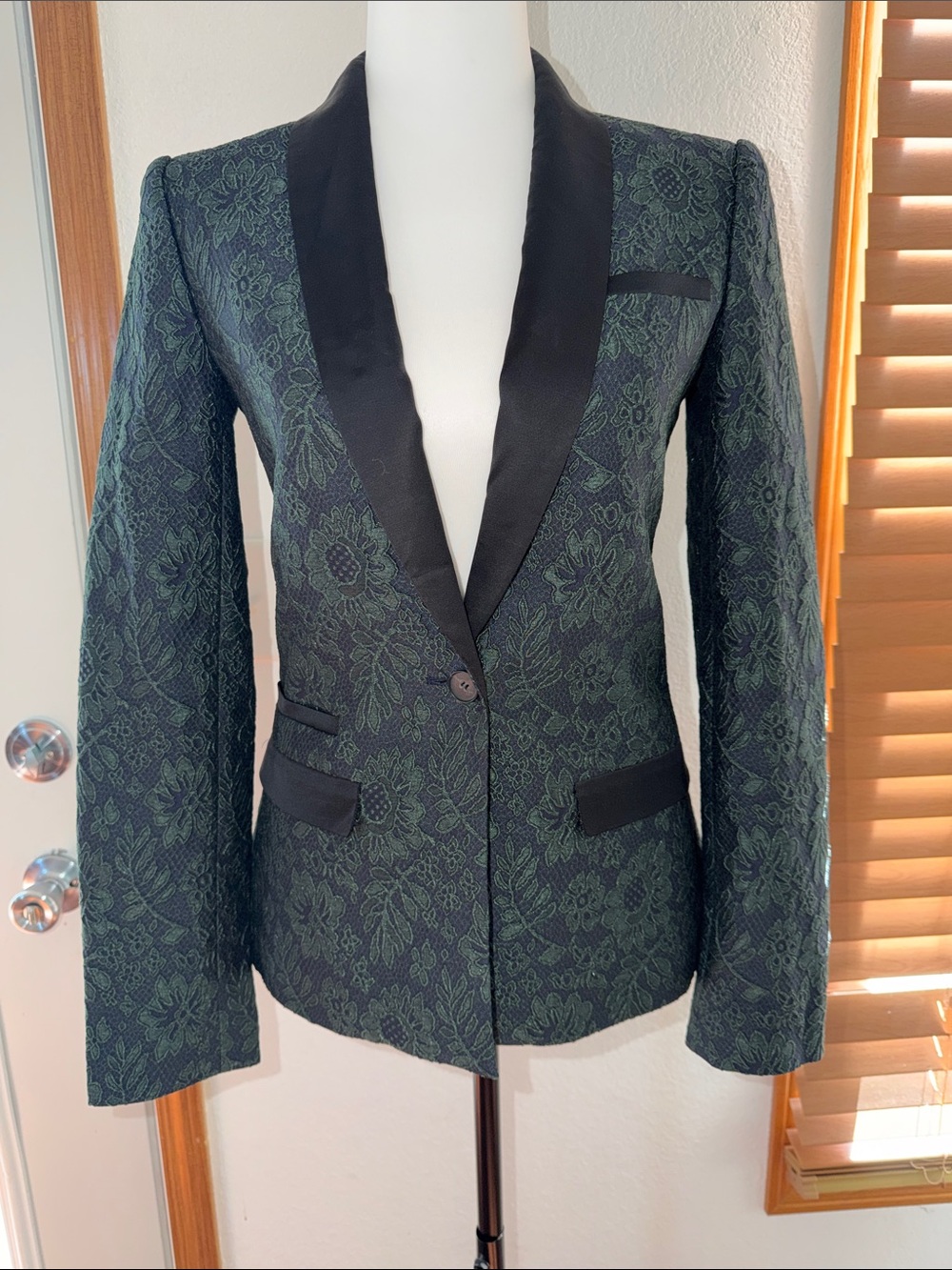 Elizabeth and James Dark Green Floral Jacquard Blazer with Black Satin Lapel